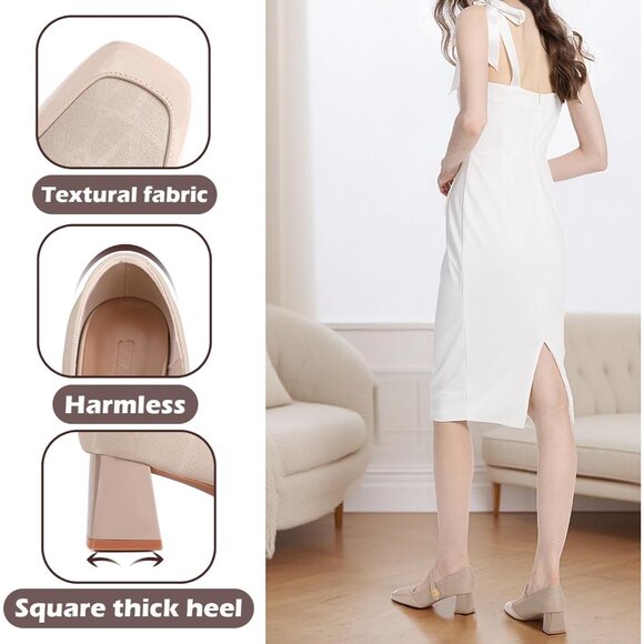 Women's Beige Square Toe Mary Jane Comfortable Closed Toe Chunky Block Heels - Picture 4 of 8